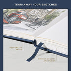 Beechmore Books A4 Sketchbook – 8.5x11 Premium Vegan Leather Bound Large Sketch Book Hardcover with 156 Thick 160gsm Perforated Ivory Pages, Blank Sketch Pad, Gift Boxed, Back Pocket, Ribbon Bookmark