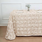Efavormart 90"X132" Beige Grandiose 3D Rosette Satin Rectangle Tablecloth for Wedding Party Event