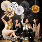 SUNBEAUTY Gold Black Paper Fans Backdrop for Tea Party Weddding Spring Birthday Classroom Baby Shower Halloween Decoration Hanging Home Party - 8Pcs