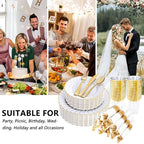 YOUBET 350PCS Gold Scalloped Plastic Plates - White and Gold Disposable Dinnerware Set Include 100 Plates, 150 Gold Silverware, 50 Cups, 50 Napkins for Wedding & Party & Thanksgiving