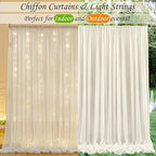 10ft x 7ft Ivory Chiffon Backdrop Curtain with Lights String for Parites Wedding Wrinkle Free Curtain Photo Backdrops Drapes for Baby Shower Birthday Party Home Decorations