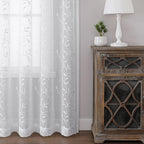 VISIONTEX White Sheer Voile Curtains, Decorative Beige Leaves Embroidery Faux Linen Rod Pocket Window Drapes for Home Kitchen, Living Room and Bedroom 54 x 63 Inch, Set of 2 Curtain Panels