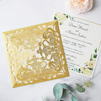 Hosmsua 50PCS Personalized Gold Laser Cut Wedding invitation Cards With Envelopes 6.3 x 6.3 Inch Hollow Lace Rose Invitation Pocket for Engagement Wedding Bridal Shower Invite (Gold Glitter)