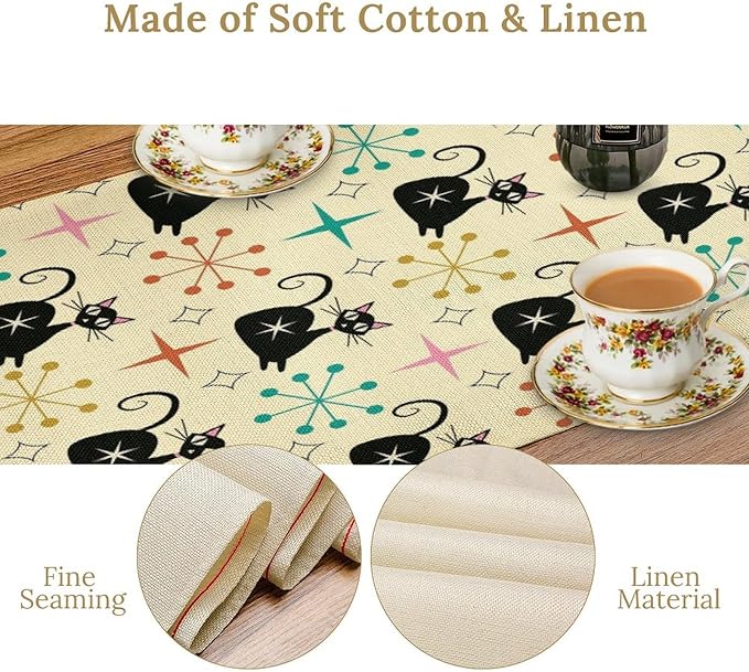 Mid Cat Table Runner, Vintage Black Cat and Atomic Stars 1950s 1960s Abstract Geometric Space Pattern Table Decoration for Home Kitchen Restaurant 13x108 Inches