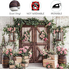 15x10ft Country Wedding Photography Backdrop Floral Rustic Roses Farmhouse Wooden Door Backdrop Pink Flower Birthday Baby Shower Wedding Bridal Party Banner Photo Booth Props Anniversary Background