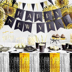 3 Pack 29 x108 Inch Black Gold Silver Foil Fringe Table Skirts Metallic Banner for Tinsel Streamer Garland Backdrop for Parade Floats Mother's Day, Graduate, Birthday, Wedding Party Decoration