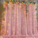 30×10ft Dusty Rose Tulle Backdrop Curtain with Lights String for Parties, Sheer Photo Backdrop Curtains for Wedding Party Photography Background