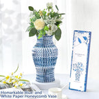 Blue and White Paper Honeycomb Vase, 11.6 Inch Foldable Decorative Vase with Magnetic Closure, Chinoiserie Décor Vase, Reusable Table Centerpiece for Home Decor, Party Decorations