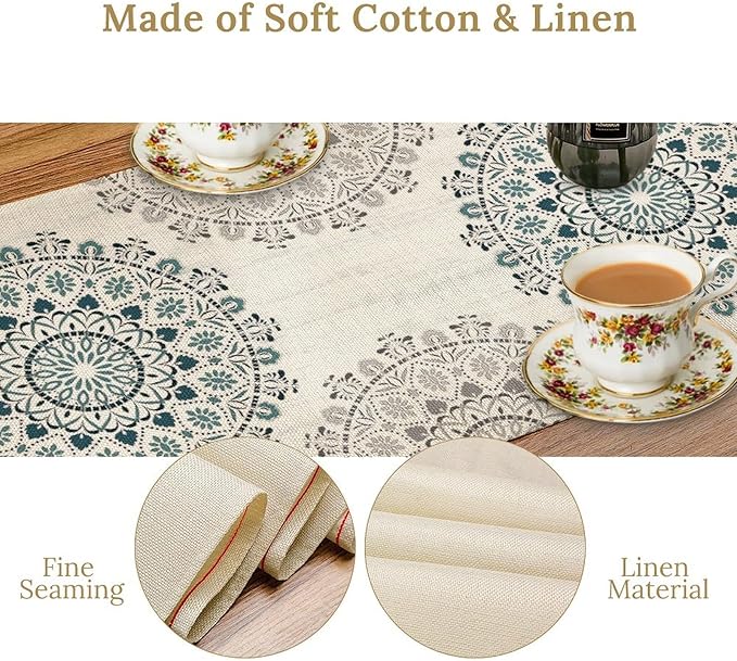Boho Flower Table Runner, Bohemian Turquoise Mandala White Teal Floral Kitchen Dining Table Runners for Indoor Outdoor Home Party Holiday Decor, 13x120inch