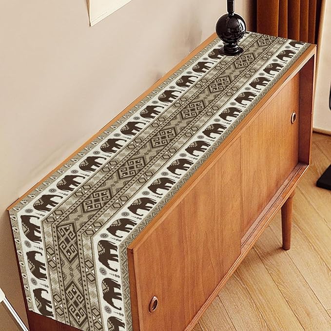 Ethnic Table Runner, Rustic Farmhouse Boho Indian Bohemian Elephant Aztec Tribal Print Beige Table Center Decor for Home Kitchen Dining Patio Holiday Party Indoor Table Decorations, 13"x72" Inch