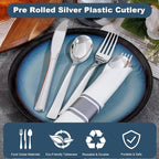 50Guests Pre Rolled Silver Plastic Silverware Sets - Heavy Duty Silver Cutlery - Include 50 Pack Wrapped Disposable Utensils with Napkins for Parties & Dinners & Weddings