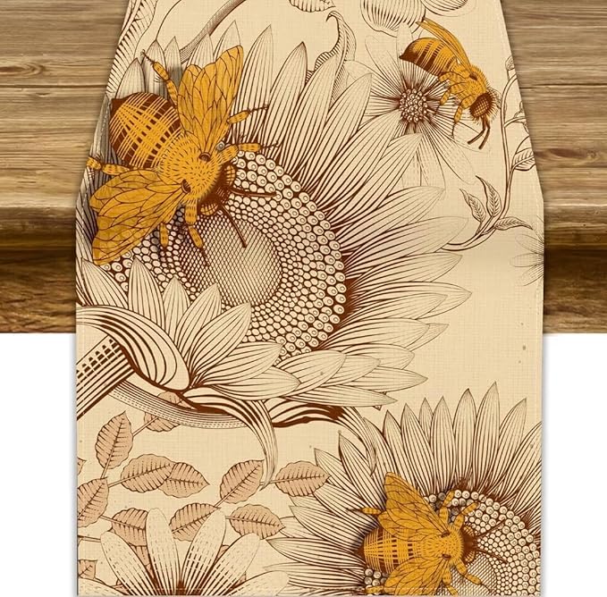 Vintage Bee Table Runner, Rustic Retro Wildflowers Print Home Farmhouse Table Cover for Party Indoor Outdoor Decoration Kitchen Dining Table Decor, 13x36inch