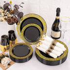 NOCCUR 210pcs Black and Gold Dinnerware Set - Black Disposable Plates and Napkins Party Supplies Include 60 Dinner/Dessert Plates, 30 Prerolled Plastic Cutlery&30 Cups for Party, Birthday, Halloween