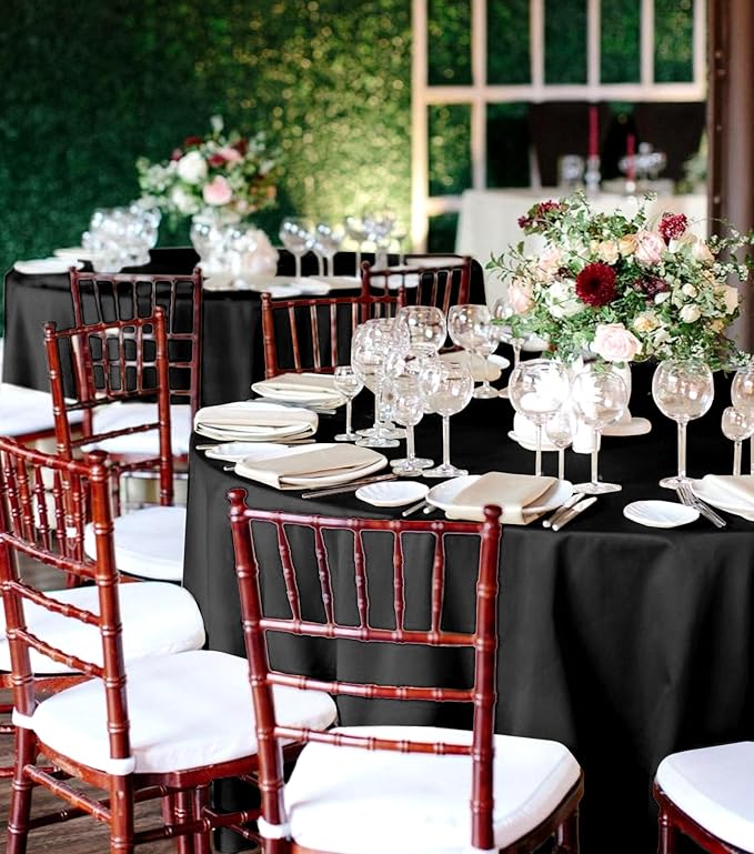 6 Packs Satin Tablecloth 120 Inch Black Round Table Cloth Silk Tablecloth Smooth Fabric Overlay Satin Table Cover Decoration for Wedding Party Banquet Events