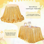 QueenDream Gold Table Cloth Party Decorations: Sequin Fabric 90x90 Inch Sparkle Tablecloths - Gold Drapes Wedding Overlay