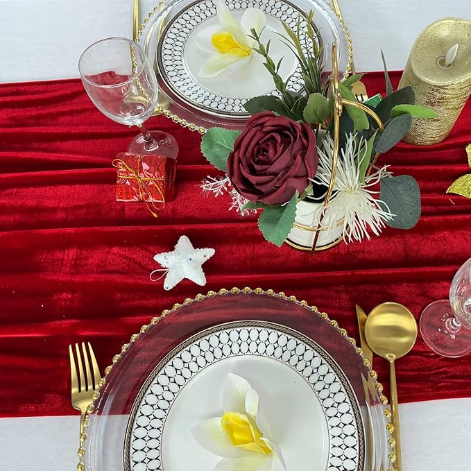 Luxurious Velvet Table Runner, 10ft Wedding Reception Decorations, 20x120inch Soft Velvet Fabric, Table Linen Overlay, Wedding Table Runners (Red, 20X120inch)