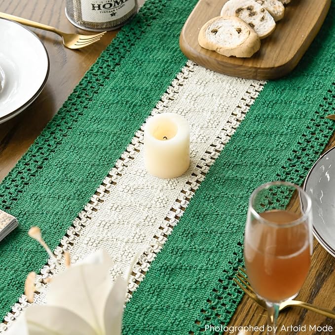 Artoid Mode Dark Green Farmhouse Rustic Table Runner, Seasonal Hollow Kitchen Dining Table Decoration for Home Party Decor 12x72 Inch