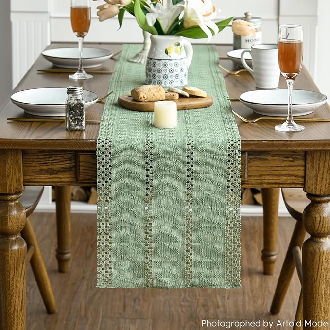 Artoid Mode Light Green Farmhouse Woven Rustic Hollow Table Runner, Seasonal Holiday Hollow Kitchen Dining Table Decoration for Home Party Decor 12x108 Inch