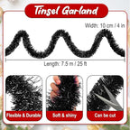 25 Feet Black Christmas Tinsel Garland, Metallic Foil Twist Banner Wall Hanging Tinsel Streamers Backdrop for Parade Floats, Christmas, Mother's Day, Birthday Party Decorations(4in x 25ft)