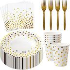 160 Pcs White and Gold Paper Plates, Forks and Cups Party Supplies, Disposable Paper Dessert Cake Plates Tableware Supplies for Birthdays, Graduations, Weddings, Holidays (40 Guests)