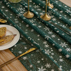 Silvery Snowflake Metallic Print Tulle Christmas Table Runner, Seasonal Winter Kitchen Dining Table Decoration for Home Party Decor 35x120 Inch (Green)