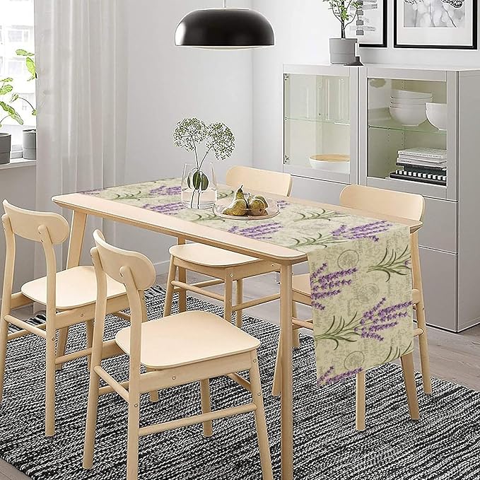 Floral Lavender Table Runner,Vintage Rustic Country Romantic Purple Flower Pattern Print Burlap for Hotel Indoors Outdoor Dining Room Kitchen Home Decor, 13x60in