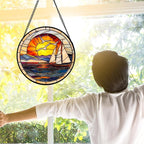 Stained Glass Window Hanging, Sun Ocean Sailboat Seagull Abstract Suncatcher Diamond Glass Panel Sun Catchers Decor for Birthday for Women, Men, Wife, Aunt, and Mom 6.3 in