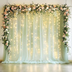 Fomcet Sage Green Tulle Backdrop Curtains with Lights String 10FT X 10FT Sheer Curtain with Lights Tulle Curtains Backdrop for Wedding Birthday Party Photo Shoot (2 Panels 5x10FT)