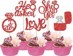 30 PCS He Asked She Said Yes Cupcake Toppers Diamond Ring Cupcake Picks Love I Do Bridal Shower Cupcake Decorations for Wedding Enaggement Theme Party Cake Decorations Supplies Red
