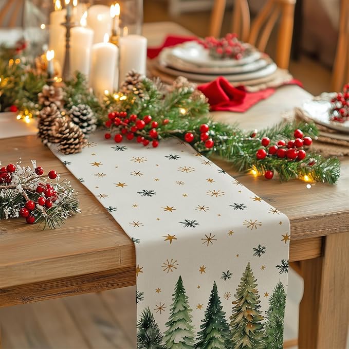 GEEORY Christmas Table Runner 13x36 Inch, Xmas Tees Snowflakes Holiday Decorative Farmhouse Table Decoration for Kitchen Dinning, Indoor Outdoor Dinner Party Decor (Light Green) GT166-36