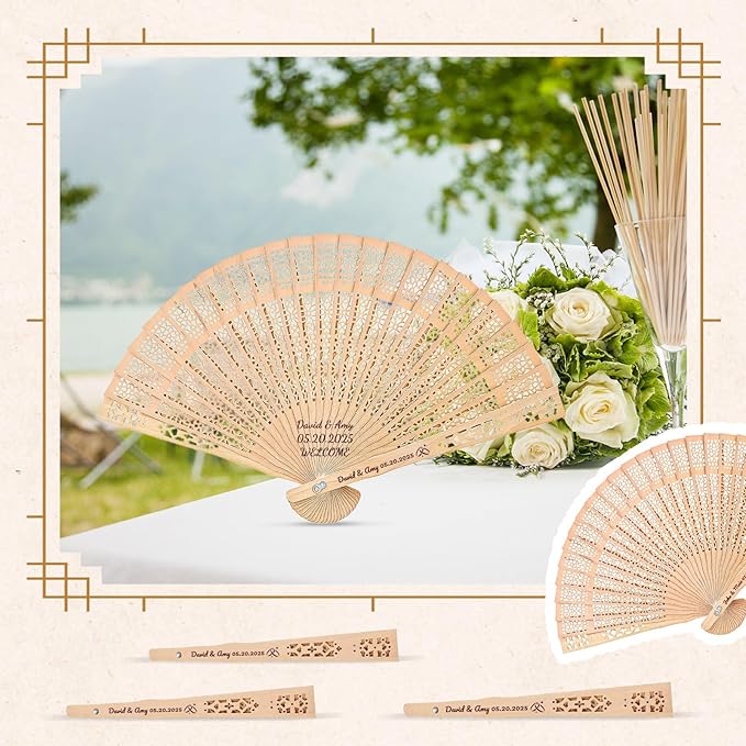 20pcs Personalized Wedding Fans for Guests - Custom Wooden Hand Fans with Names/Dates - Bulk Wedding Favors for Bridal Shower, Baby Shower & Parties (Wood, 20pcs)