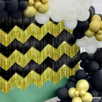 KatchOn, Black and Gold Fringe Backdrop Curtain - XtraLarge 6.6x1.7 Feet, Pack of 6 | Graduation Backdrop for Graduation Decorations 2025 | Fringe Curtain for Birthday Decorations | Prom Decorations
