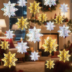 Benbilry 3D Hanging Snowflake Decorations for Christmas Tree, 36pcs 3 Size Winter Wonderland Decorations for Frozen Birthday Party, Christmas Home Decor - 18pcs Iridescent and 18pcs Gold Color