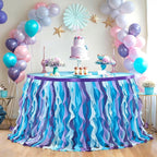 PARTISKY Mermaid Tulle Tutu Ruffle Curly Willow Table Skirt for Rectangle Table 6ft, Mermaid Themed Party Table Cloth for Girls Birthday Party or Baby Shower