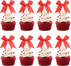 24 PCS Bow Cupcake Toppers Bowknot Cake Toppers Bow Cupcake Picks Bowknot Birthday Party Decorations Bow Cake Dessert Picks for Wedding Bridal Engagement Baby Shower Birthday Party Supplies Red