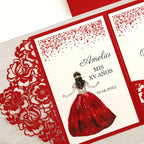 DORIS HOME 50pcs Laser Cut Quinceanera Invitations Red, 4.7x7.1 Personalized Quince Invitations for 15th Birthday, Invitation cards for Sweet 16 with Envelopes