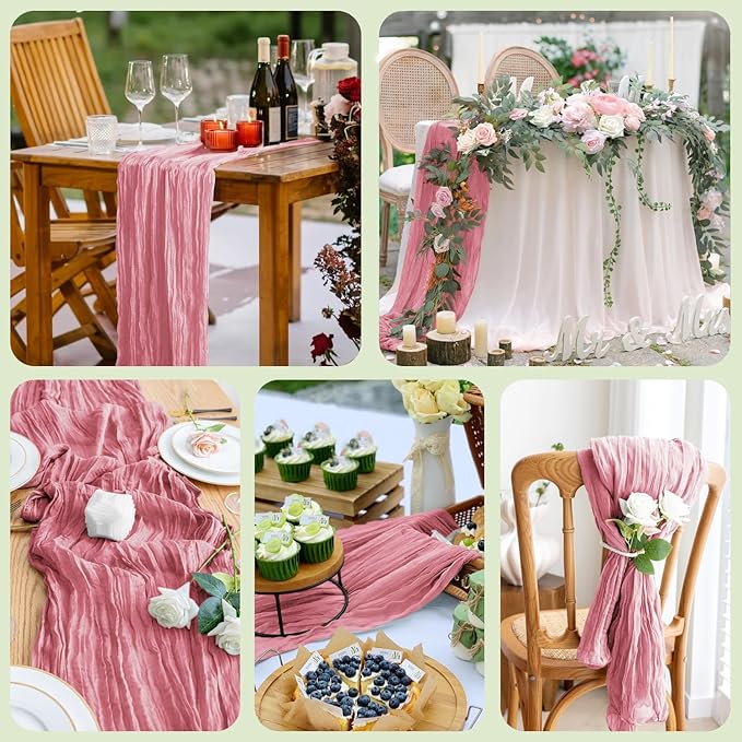 Asee'm 6pcs Cheesecloth Table Runner 120 Inches Dusty Rose Boho Gauze Cheese Cloth Runner 10FT Rustic Sheer Table Runners for Summer Wedding Baby Shower Holiday Party Decoration