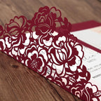 DORIS HOME 50pcs Laser Cut Wedding Invitation Pockets with Envelopes Burgundy, 5.12" x 7.12"Invitation Cards for Wedding, Anniversary (No Inserts Included)