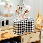 Gredecor Qtip Holder Dispenser 4 Pack Black White Classic Buffalo Plaid Apothecary Jars with Lids Bathroom Vanity Countertop Canister Storage Organizer for Cotton Ball,Swabs,Pads,Floss