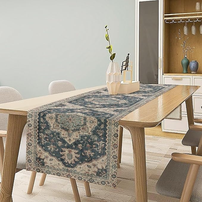 Boho Bohemia Style Table Runner, Vintage Blue Retro Flower Rustic Country Style Floral Print Pattern for Home Kitchen Table Decor Dining Coffee Room Garden Party Decor 13x120in