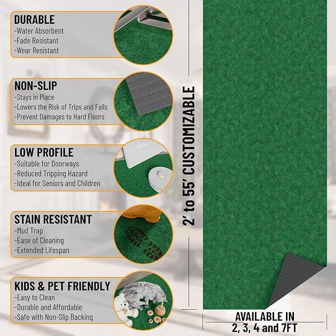 Ottomanson 2' x 19' Hallway Runner with Scraper Pile Extra Durable Non-Slip Rug Mat for Indoor & Outdoor Use - Ideal for Kitchen, Entryway, Patio & Garage - High-Traffic Carpet, Green
