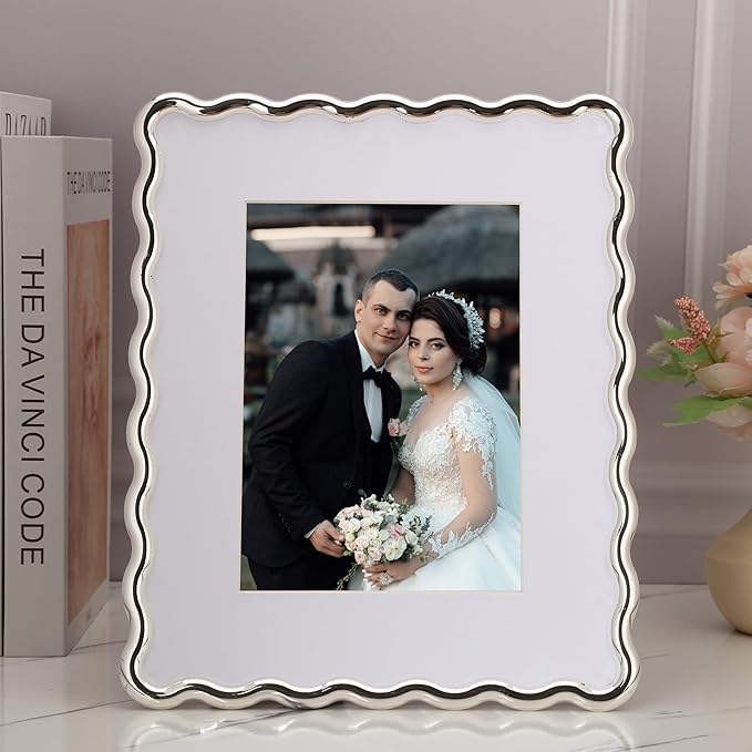 Silver 8x10'' Wave Design Photo Frame with Acid Free Mat for 5x7'',High-End Zinc Alloy Picture Frames with Velvet Back,Fashionable Style Silver frames 7x5''