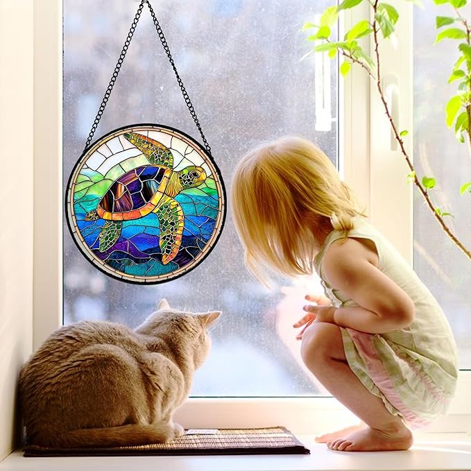 Stained Glass Window Hanging, Colored Turtle Ocean Suncatcher Diamond Glass Panel Hangings Marine Life Sun Catchers Decor for Birthday for Women, Men, Wife, Aunt, Mom 7.8 in
