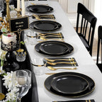 NOCCUR 350PCS Black and Gold Plastic Plates - Black Disposable Dinnerware Set for 50 Guests, 100 Dinner/Dessert Plates, 150 Gold Silverware, 50 Cups&50 Napkins for Party/Birthday/Halloween/NewYear