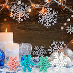 Bucherry 12 Pcs Wooden Snowflake Table Decor 3D Snowflake Tabletop Signs and Centerpiece for Christmas Xmas Winter Wonderland Decorations Home Party(Pink, Green, Blue, White)
