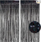 Black Tinsel Curtain Party Backdrop - GREATRIL Party Streamers Backdrop Foil Fringe Curtains for Birthdays/Wizard Halloween Decorations - 1m x 2.5m - Pack of 2