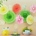 SUNBEAUTY Paper Flowers Pink and Green Party Decorations Hanging Fans Spring Summer Decor for Wall Wedding Backdrop Bridal Shower Birthday - 9Pcs