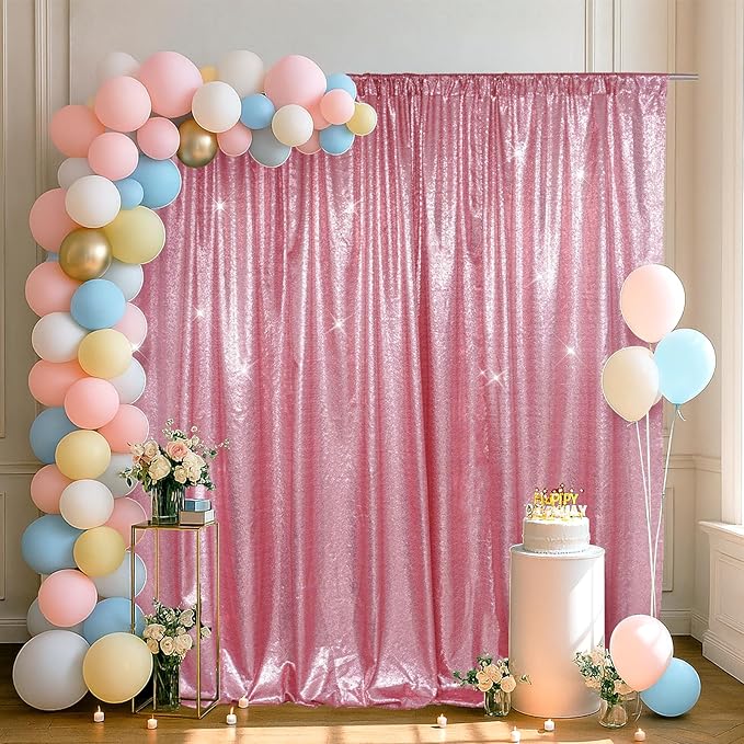 SquarePie Sequin Backdrop Less Transparent Background Sparkly Curtain for Wedding Party 6FT x 8FT Fuchsia Pink