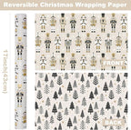 Ulmasinn Reversible Christmas Wrapping Paper Roll - 17" x33ft Double-Sided Designs with Luxury, Gold Nutcracker & Minimalist Black Forest, Xmas Gift Wrap for Presents, Table Decor & Crafting