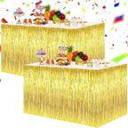 BEISHIDA 2 Pack Gold Metallic Tinsel Foil Fringe Table Skirts - Decors for Rectangle & Round Tables - Birthday & Holiday Party
